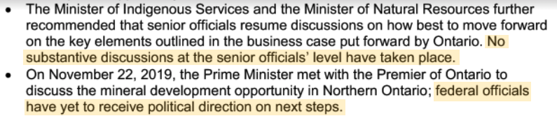 An excerpt of a briefing note on Ontario's Ring of Fire, with two lines highlighted: "No substantive discussions at the senior officials' level have taken place... federal officials have yet to receive political direction on next steps."
