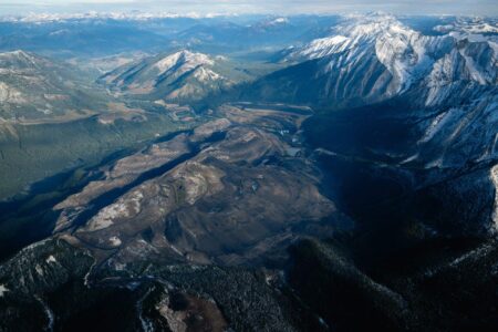 aeriel view of open pit coal mines in the Rocky Mountains of the Elk Valley