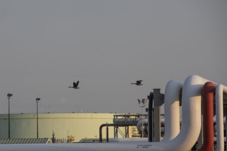 Birds fly over pipelines and terminals outside Hardisty Alberta.