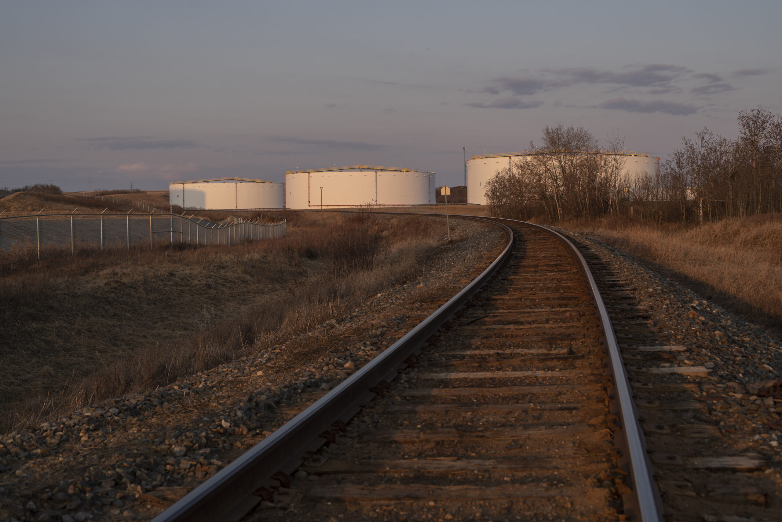 Train tracks lead to terminals in the distance at TC Energy’s Keystone A terminal in Hardisty, Alberta on April 24, 2022.