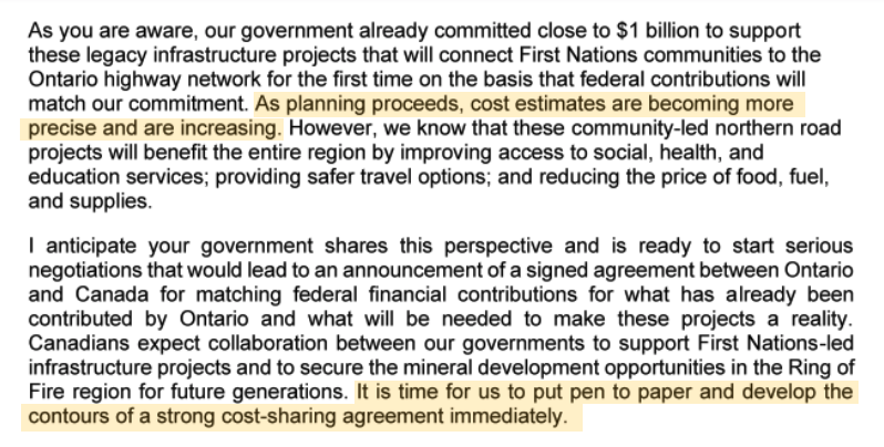 An excerpt of a letter written by provincial Minister of Northern Development, Mines, Natural Resources and Forestry Greg Rickford discussing Ontario's Ring of Fire.