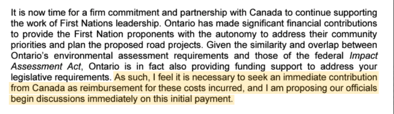An excerpt of a letter written by provincial Minister of Northern Development, Mines, Natural Resources and Forestry Greg Rickford discussing Ontario's Ring of Fire.