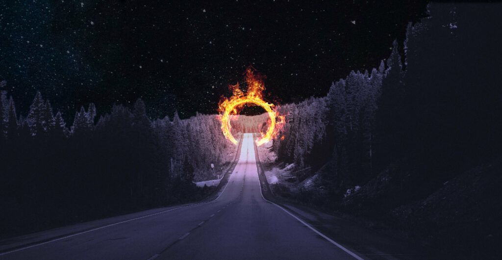 A road into the woods superimposed with an illustration of a ring of fire.