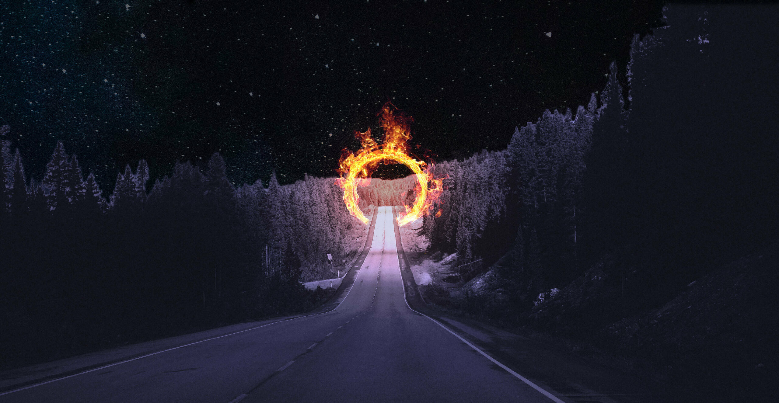 A road into the woods superimposed with an illustration of a ring of fire. A look at the 2022 Ontario election platforms shows all four parties want to bring mining and  infrastructure to the Ring of Fire region.