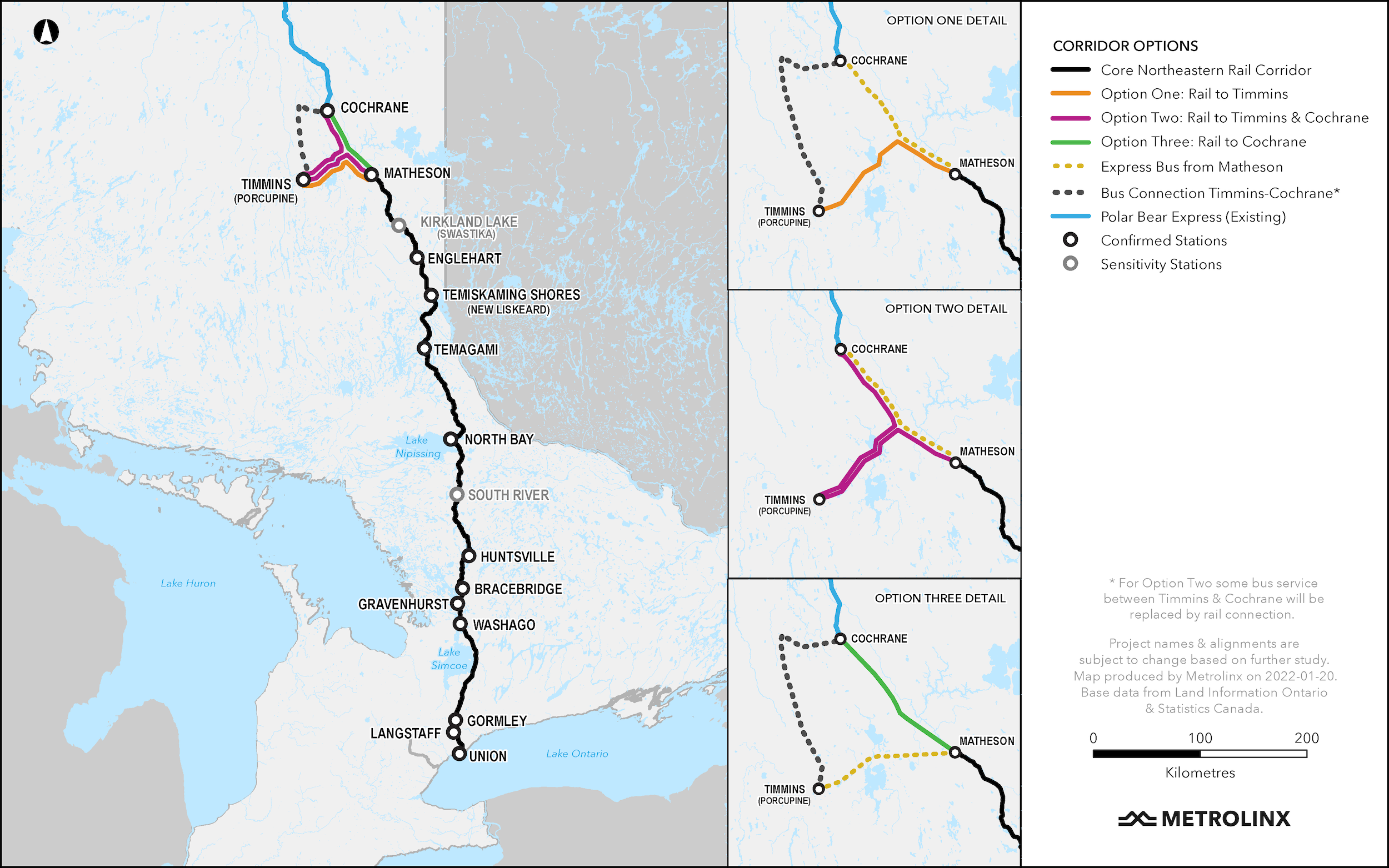 A map of three proposed routes for passenger rail to northeastern Ontario.