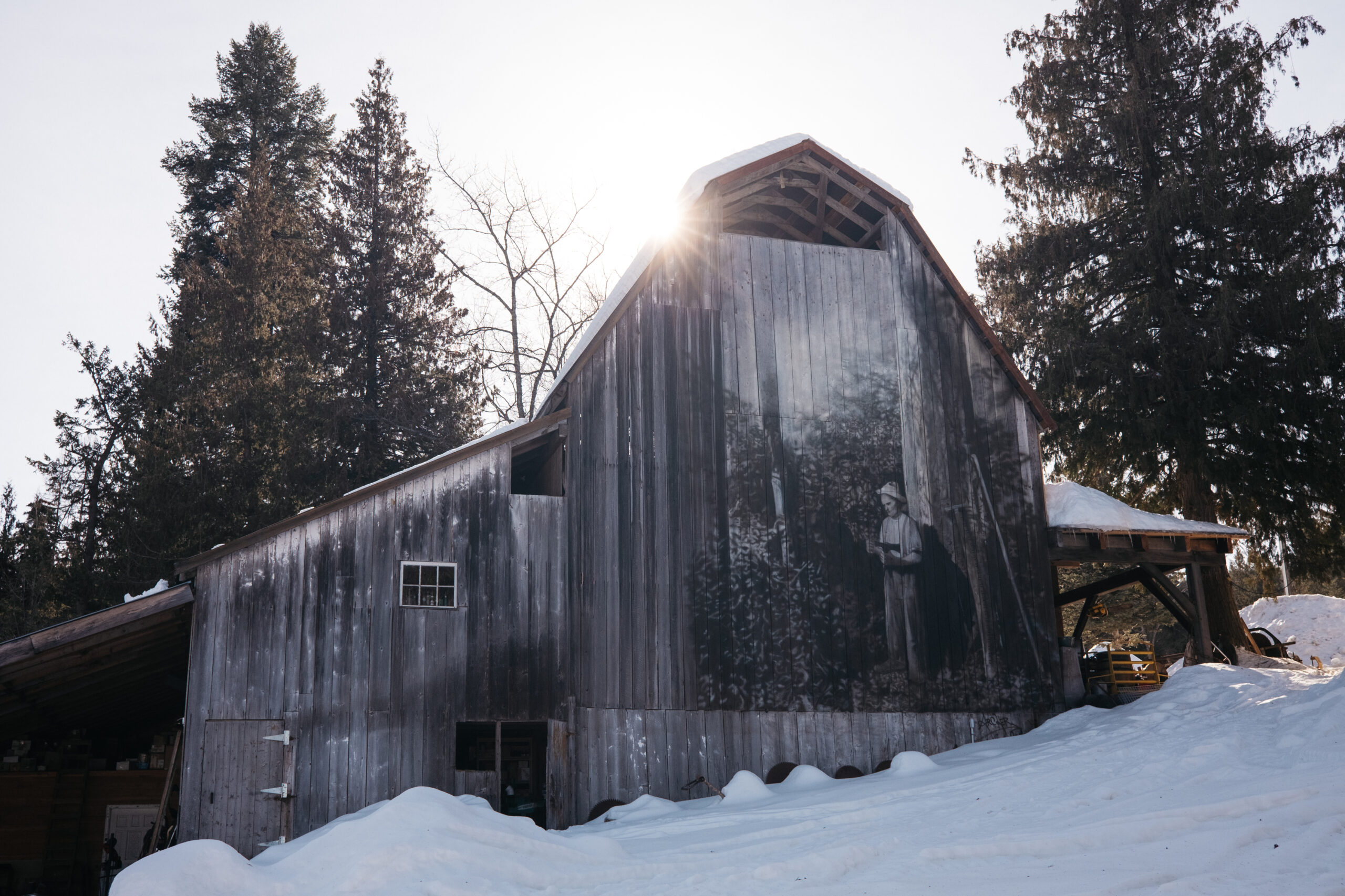 A mural on the barn where Son Ranch Timber Co.'s logging museum is housed shows the homestead's original owner, KP Dondale, holding a double-bit axe while other logging equipment leans against a tree.