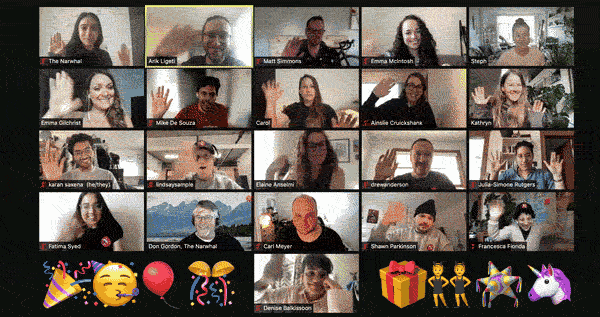 A gif of Narwhal staff members waving and dancing as we celebrate our fourth birthday.