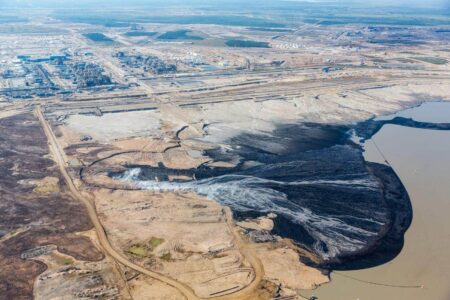 An aerial view of a tailings ponds in northern Alberta.