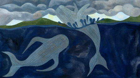 Painting of two whales one under the water, one breaching. Green hills are seen on the horizon with clouds overhead. Illustration by Eryn Lougheed for The Narwhal's investigation into allegations against Pacific Wild
