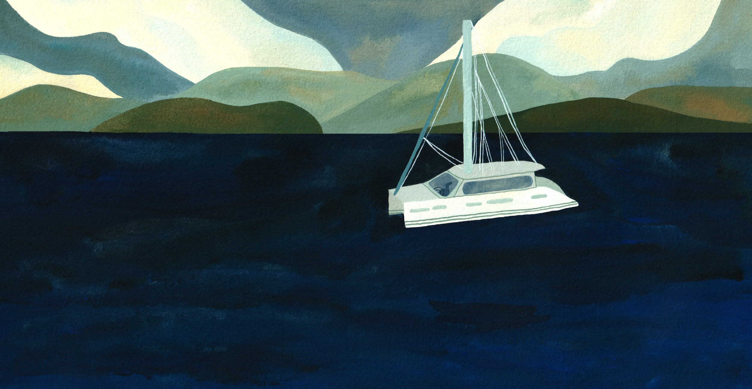 Painting of catamaran on the Ocean with Isalands in the background. Illustration by Eryn Lougheed for The Narwhal's investigation into allegations against Pacific Wild