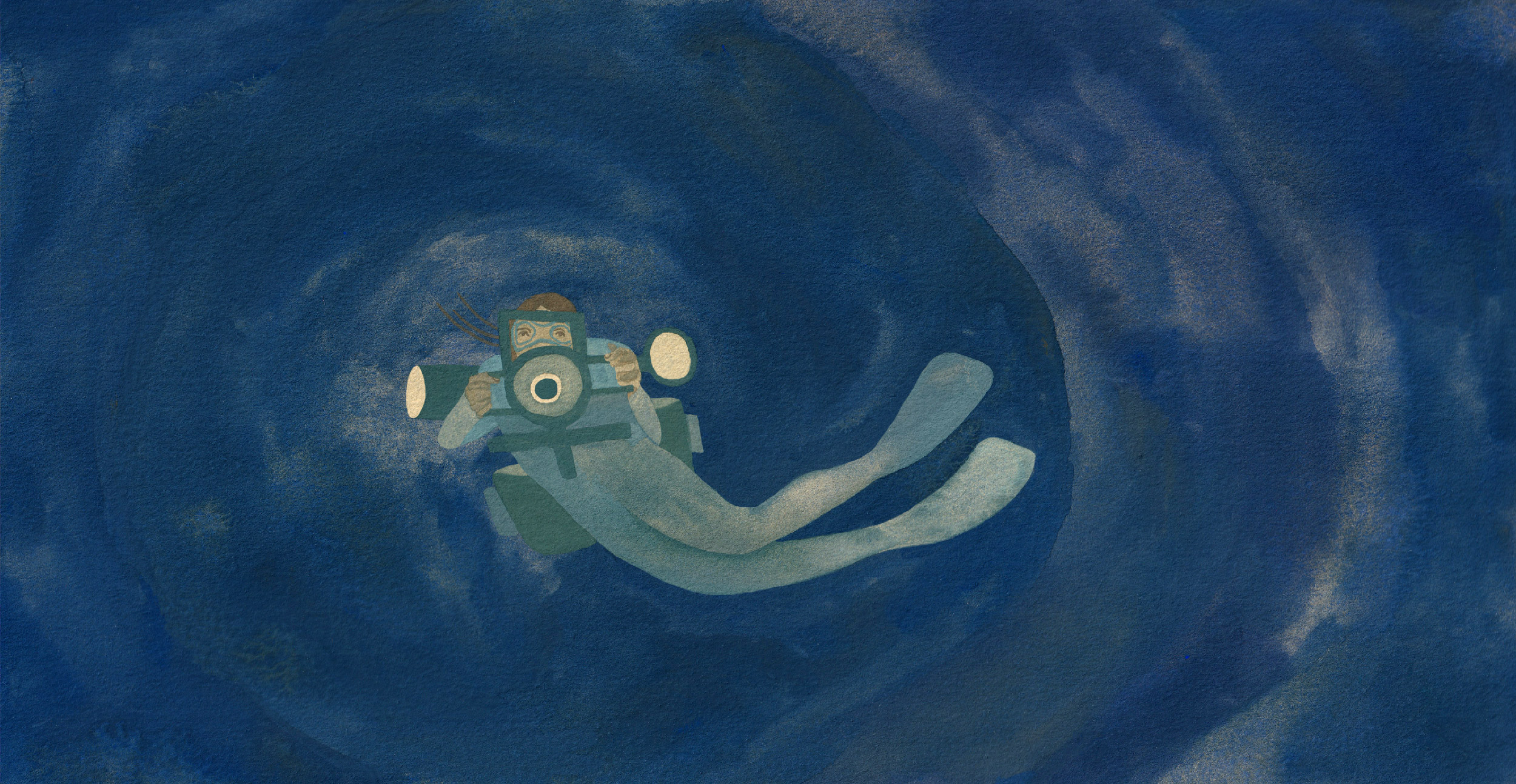 Painting of diver with camera and lighting equipment in dark blue water. Illustration by Eryn Lougheed for The Narwhal's investigation into allegations against Pacific Wild