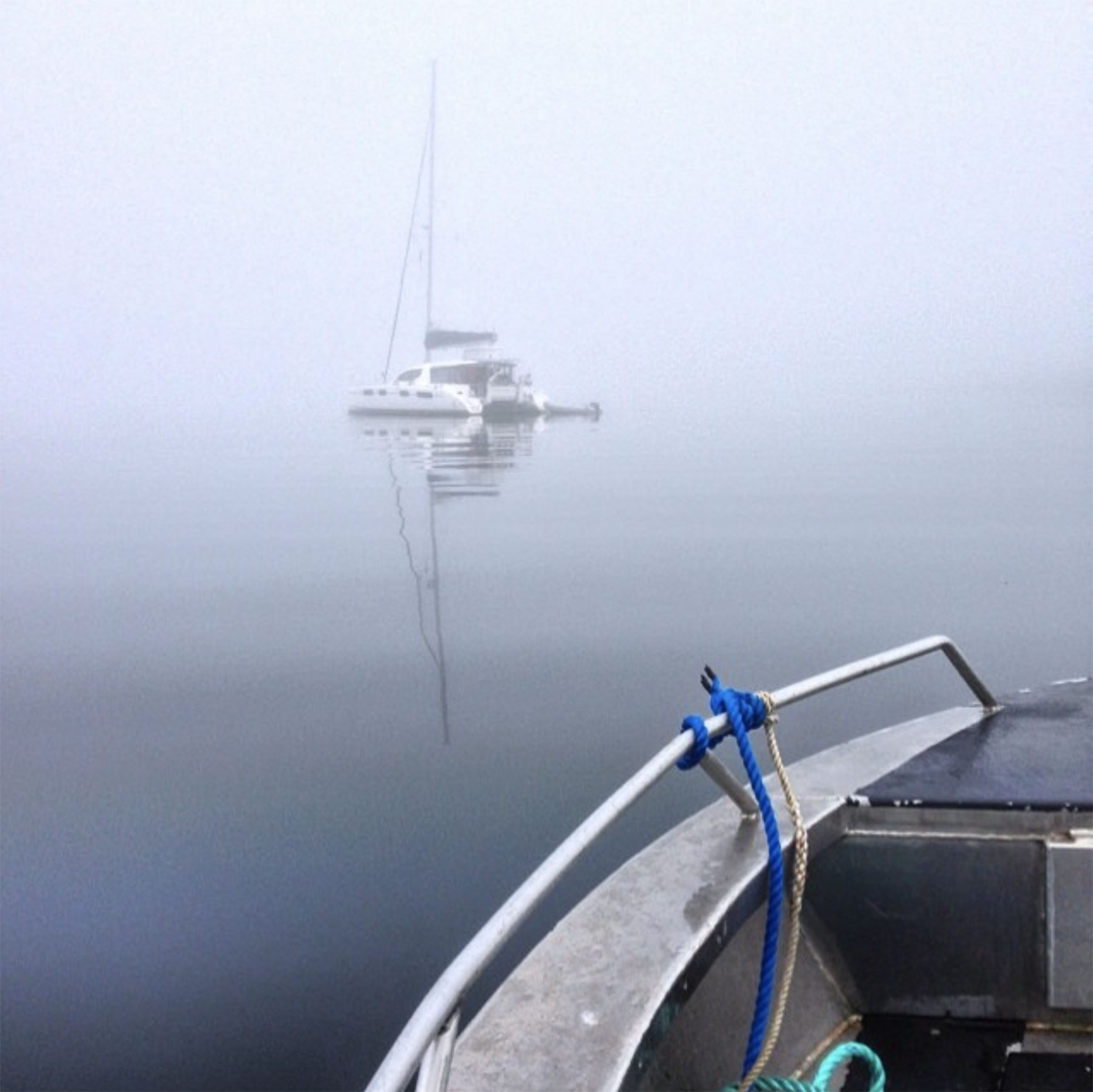 A photo of Ian McAllister's catamaran seen in the fog