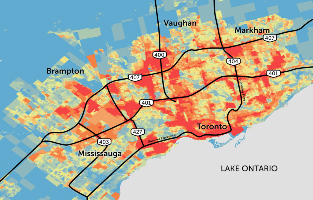 A map of Greater Toronto Area highways and clusters of air pollution around them
