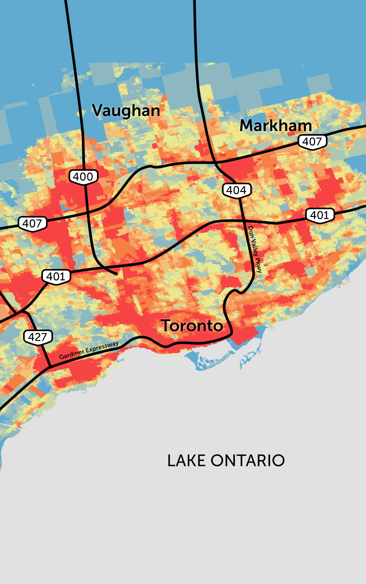A map of Greater Toronto Area highways and clusters of air pollution around them