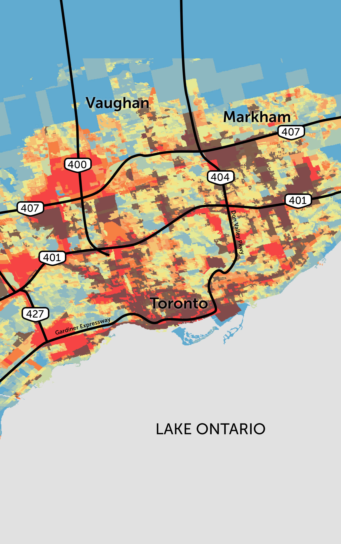 A map showing Greater Toronto Area highways and clusters of air pollution and residents with lower-socioeconomic status around them.