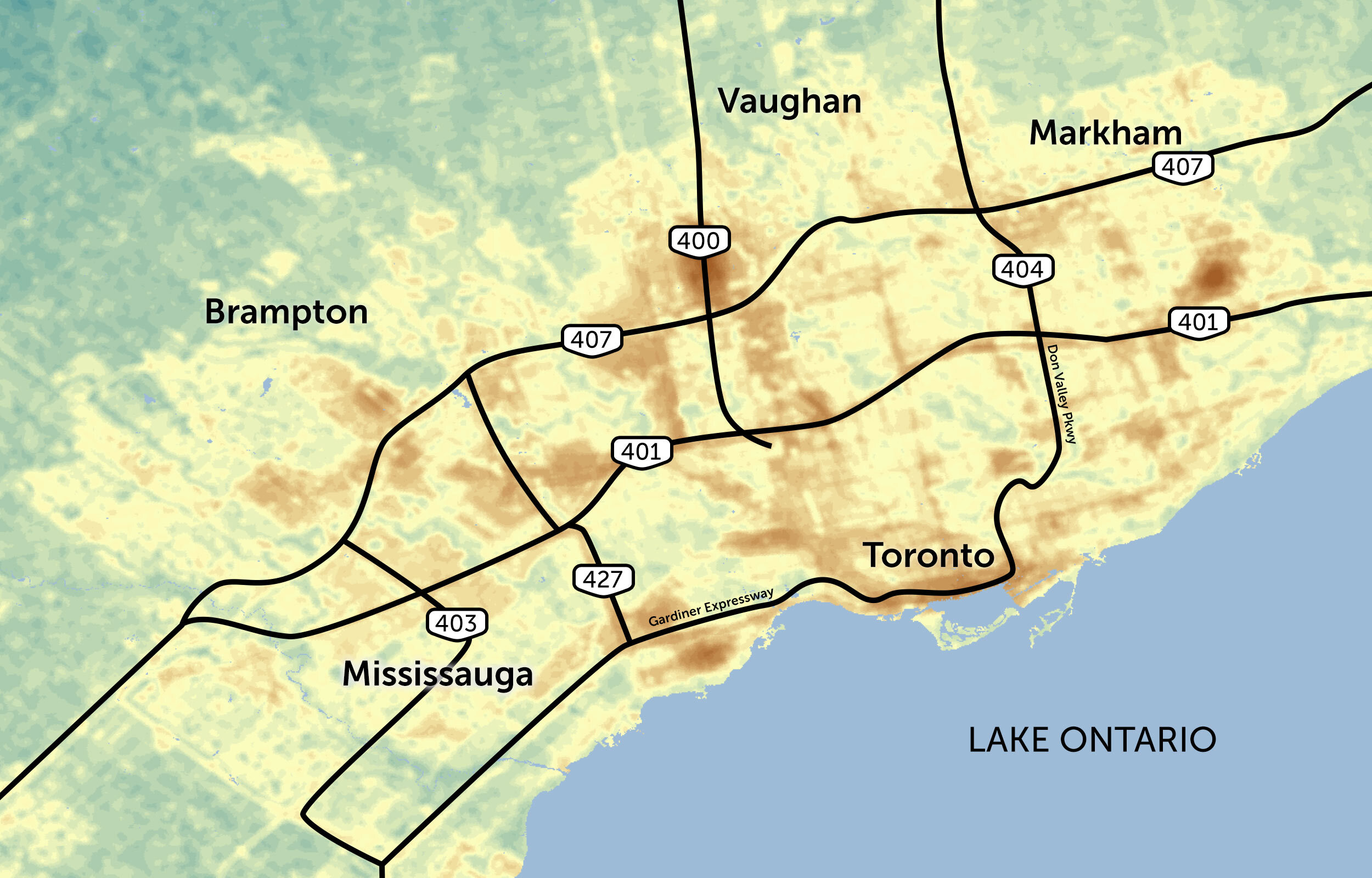 A map showing the location of highways, and patterns of air pollution around the highways