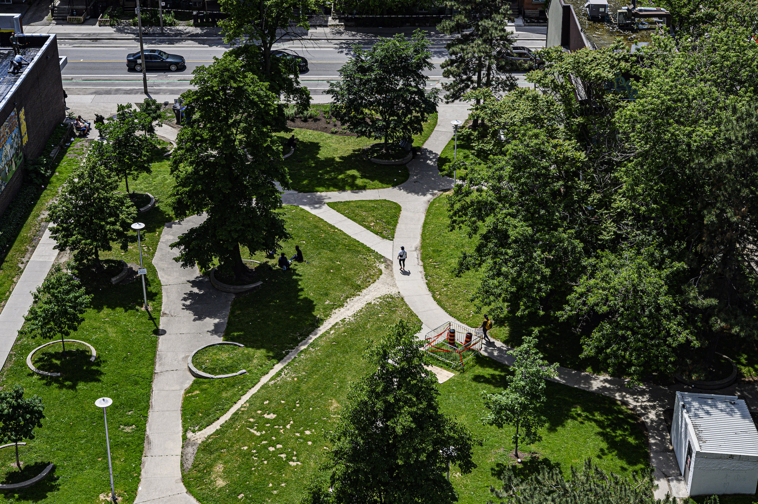 A parkette in St. Jamestown, Toronto seen from above.