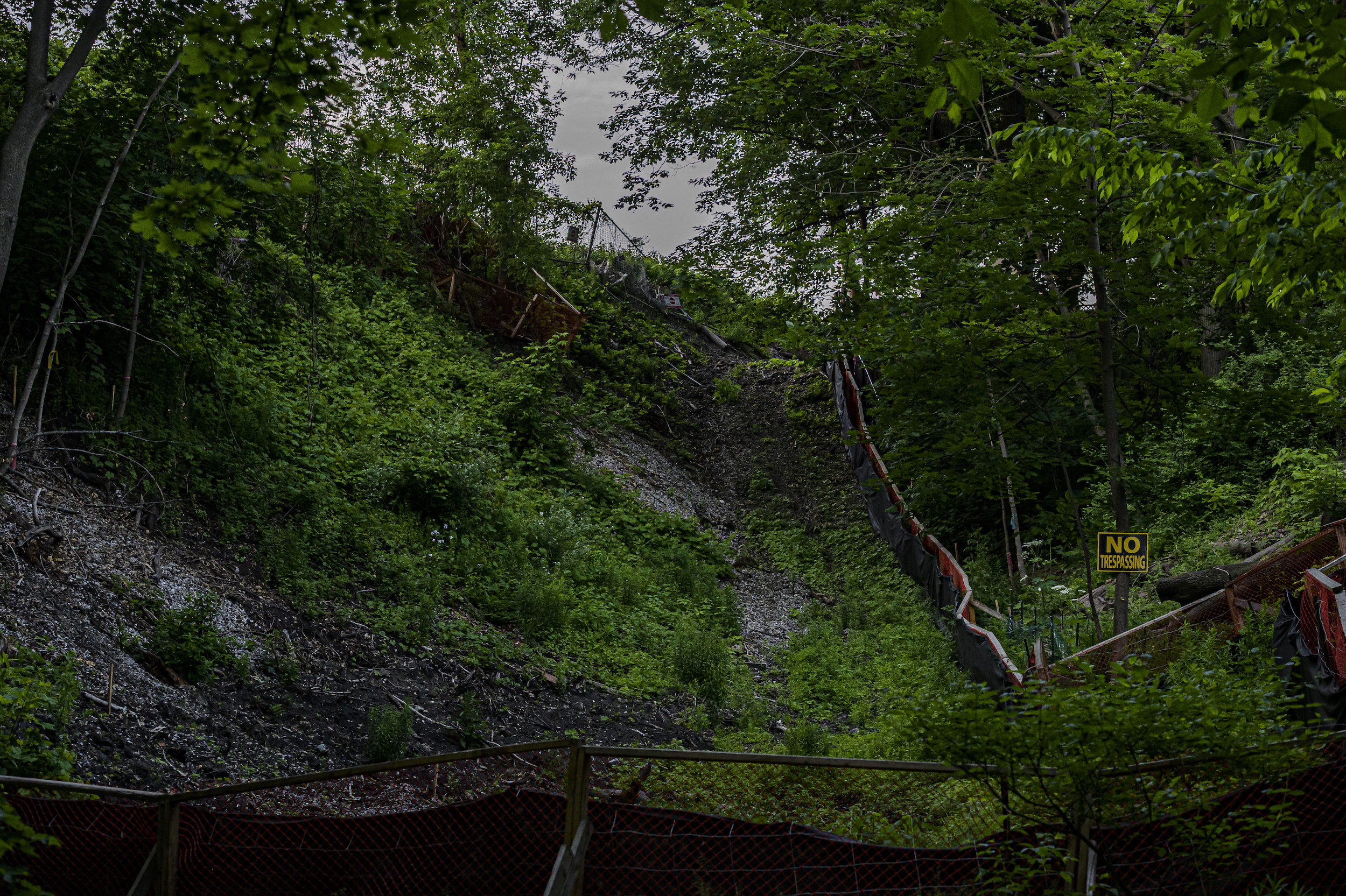 An area that has been cleared and fenced off, in Small’s creek, in Toronto,)
