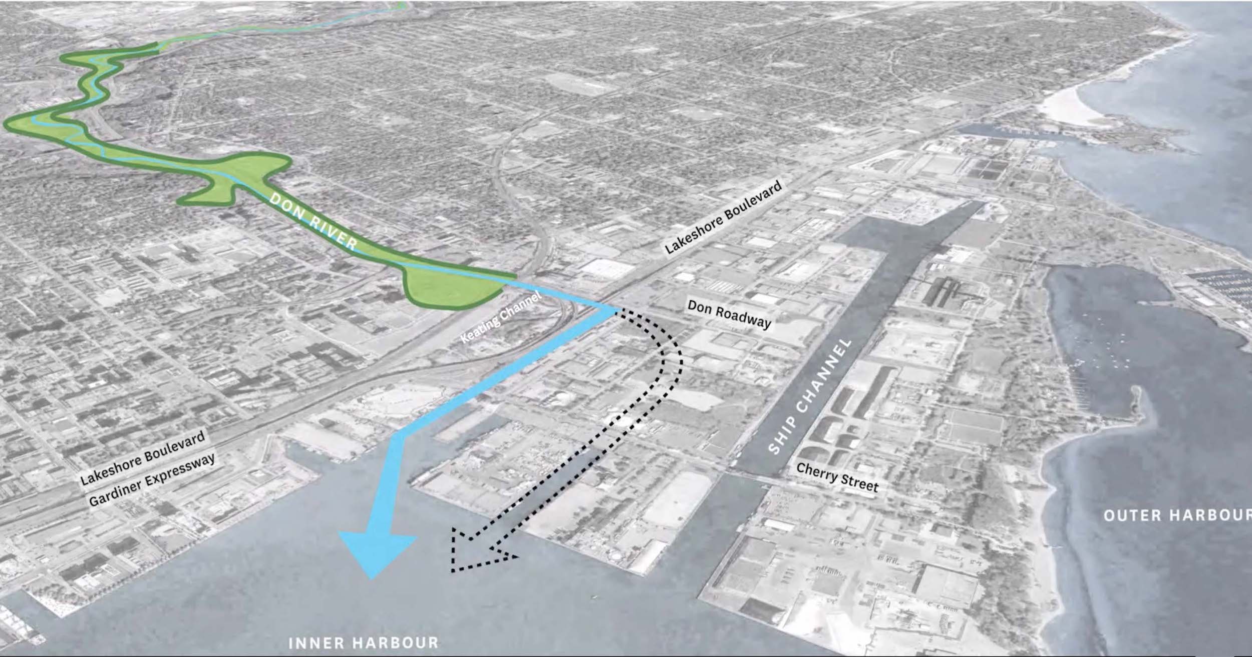 An illustration of the new path the Don River will take to Lake Ontario when the Villiers Island project is completed.