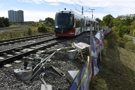 An OC Transpo O-Train is seen west of Tremblay LRT Station In Ottawa on Monday, Sept. 20, 2021 after it derailed