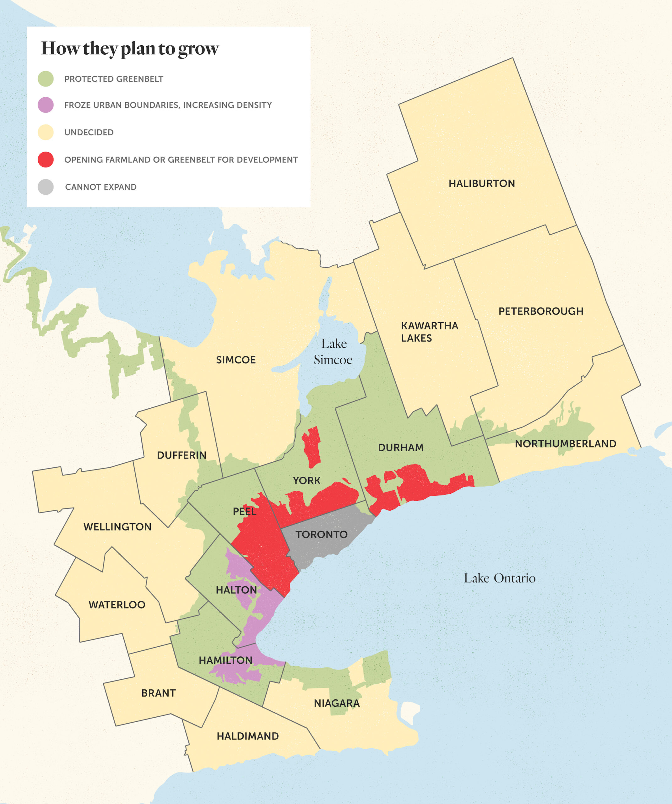 A June 2022 map of how southern Ontario municipalities have responded to the province's Growth Plan demands to increase housing. Map: Jeannie Phan / The Narwhal