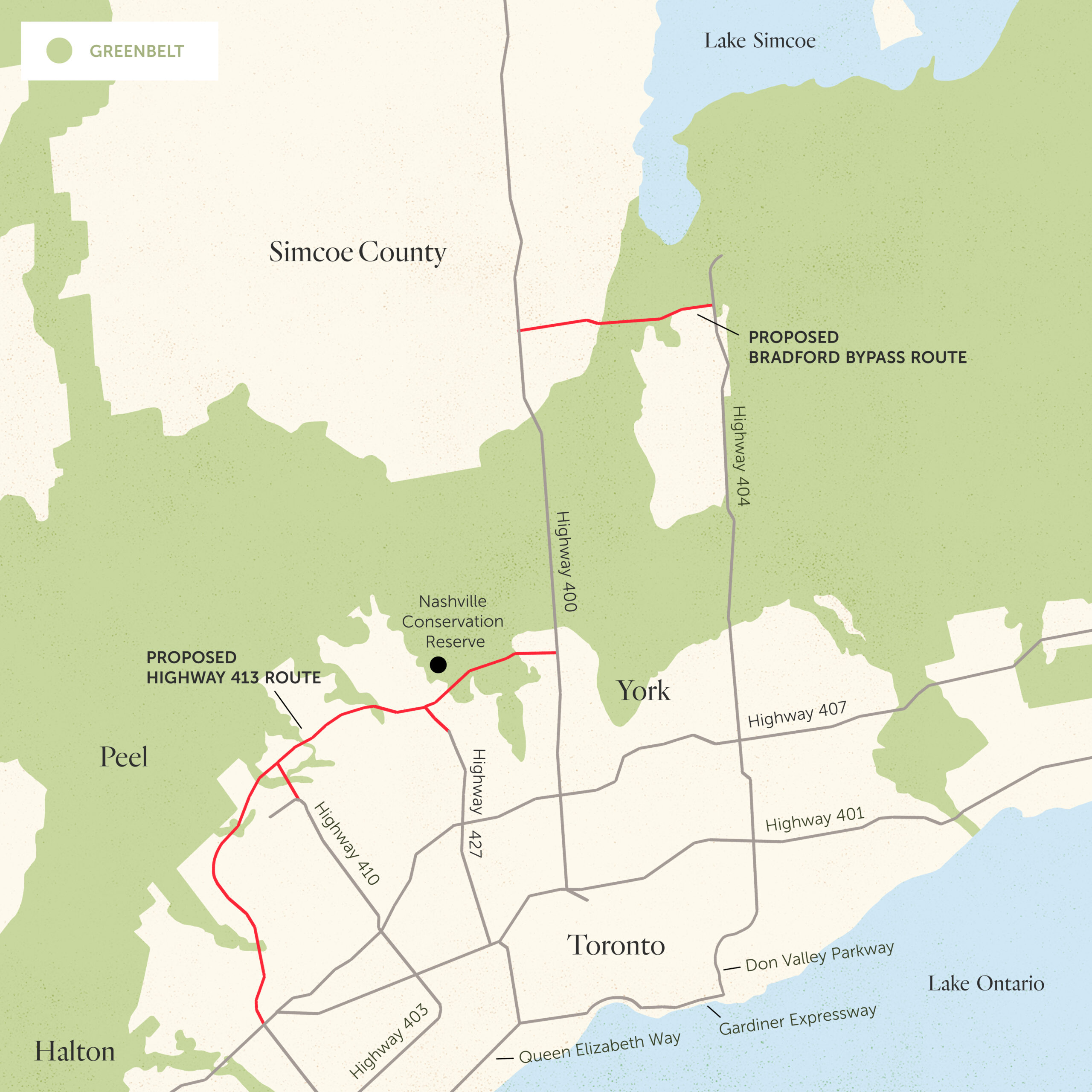 Map of proposed Highway 413 and Bradford Bypass routes, June 2022. The federal government has warned Ontario it must do a better job consulting Six Nations and Mississaugas of the Credit.