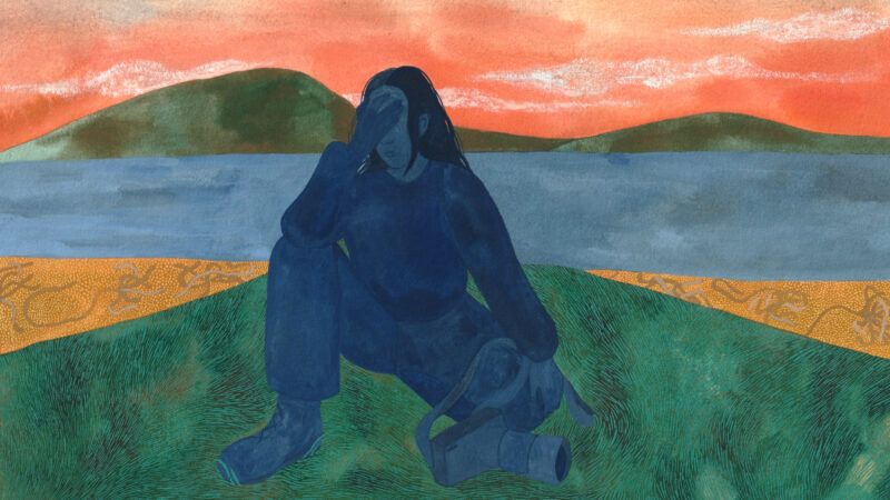 Painting of female subject with her hand over eyes holding a camera. A red-orange sunset, Island and Ocean in the background. Illustration by Eryn Lougheed for The Narwhal's investigation into allegations against Pacific Wild