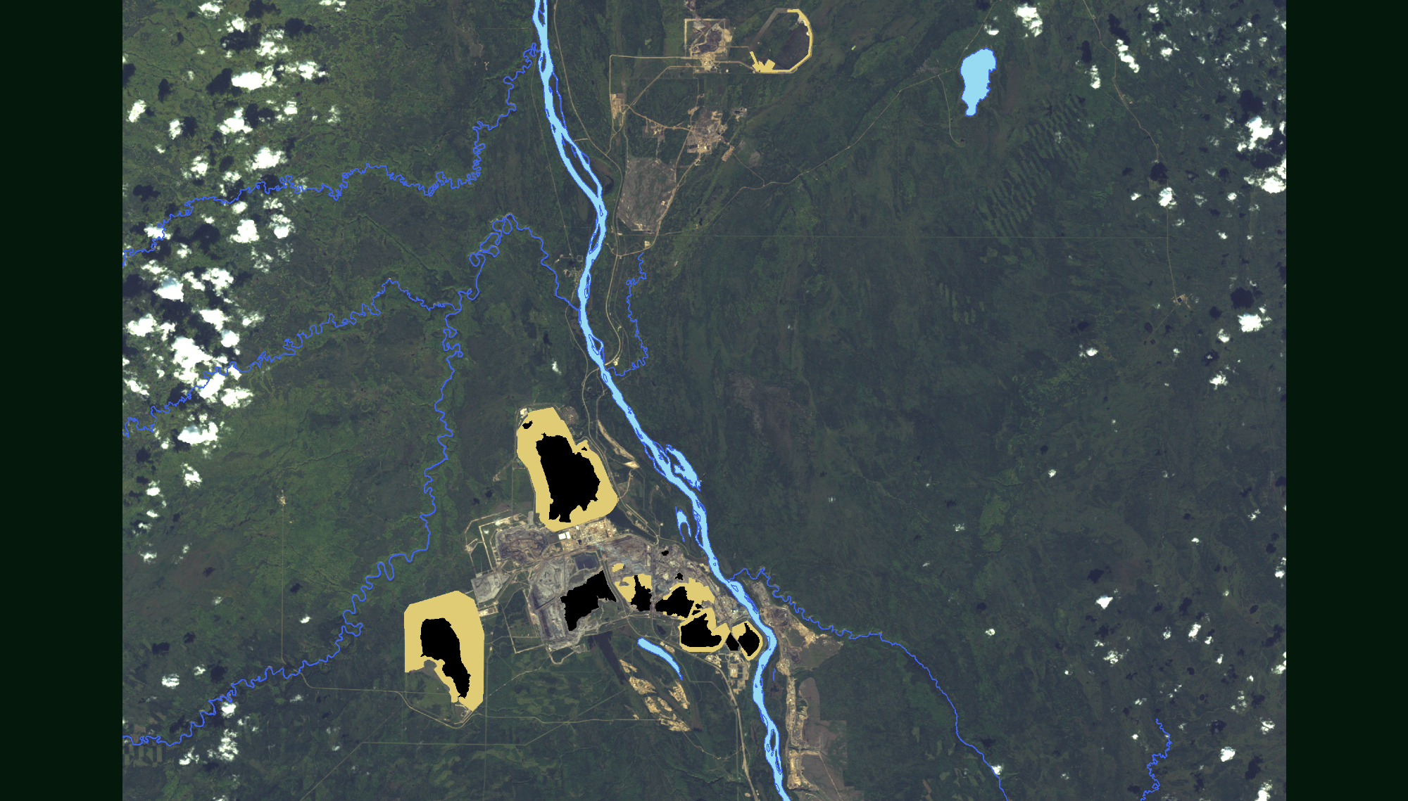 A satellite image of the tailings ponds in 2000.