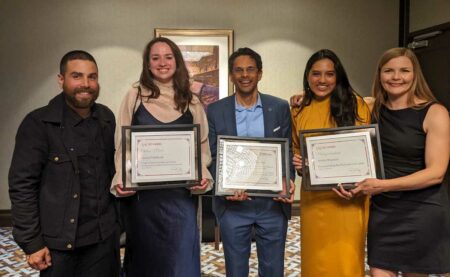 Staff and contributors to The Narwhal are all smiles with their awards at the Canadian Association of Journalists' gala in Montreal.