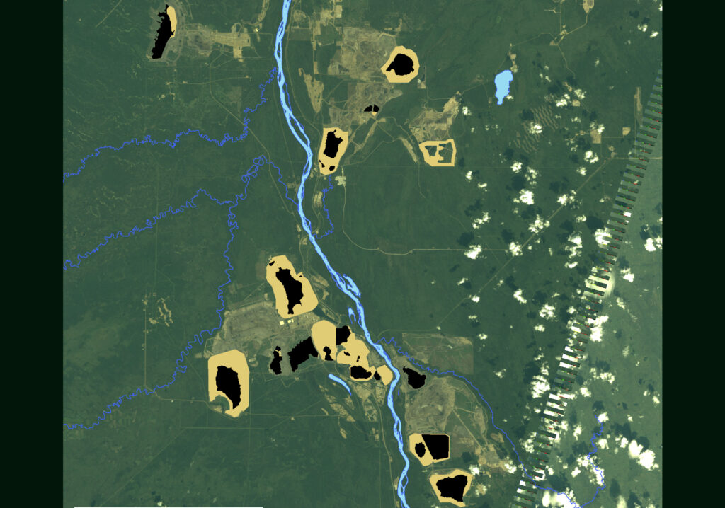A satellite image of the tailings ponds in 2010.