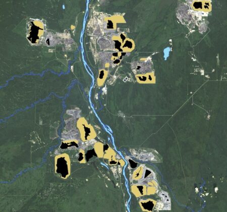 Satellite image of tailings ponds in Alberta in 2020