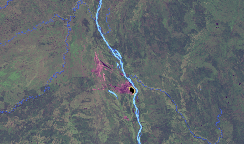 A satellite map showing tailings ponds in 1975.