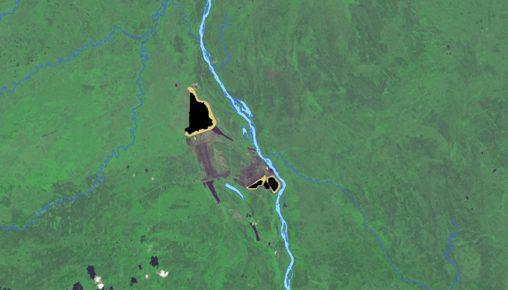 A satellite map showing tailings ponds in 1980.