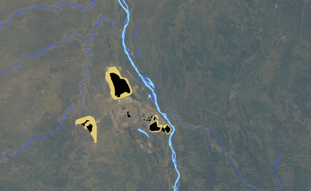 A satellite image of the tailings ponds in 1995.