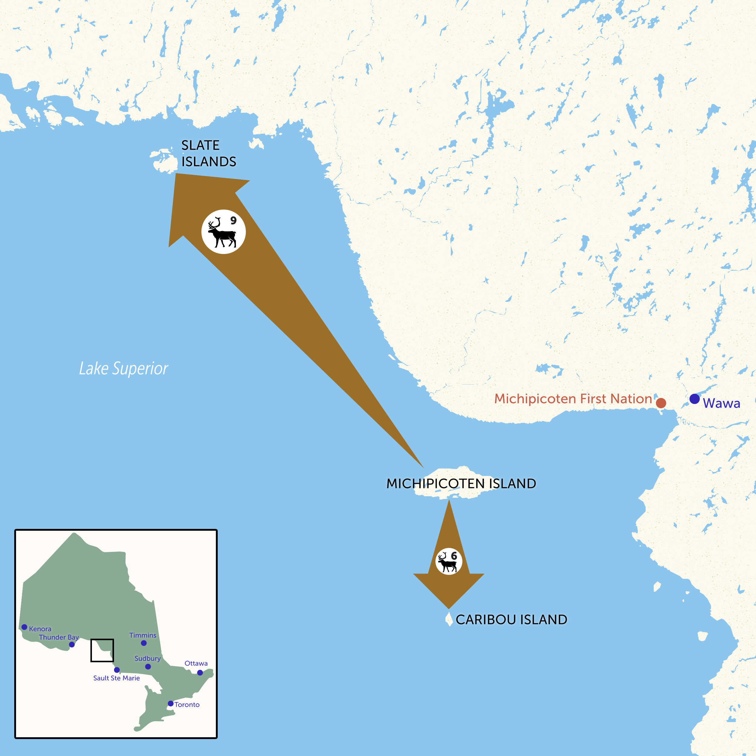A map showing Michipicoten Island, the Slate Islands and Caribou Island on Lake Superior.