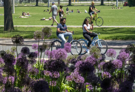 Cyclists take advantage of the ActiveTO closure of Lakeshore Blvd. in Toronto on Sunday, June 7, 2020.