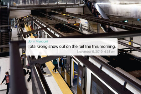 Arial shot of Ottawa LRT with a WhatsApp message from former OC Transpo head John Manconi on November 9, 2019 at 4:31 pm: "Total Gong show out on the rail line this morning"