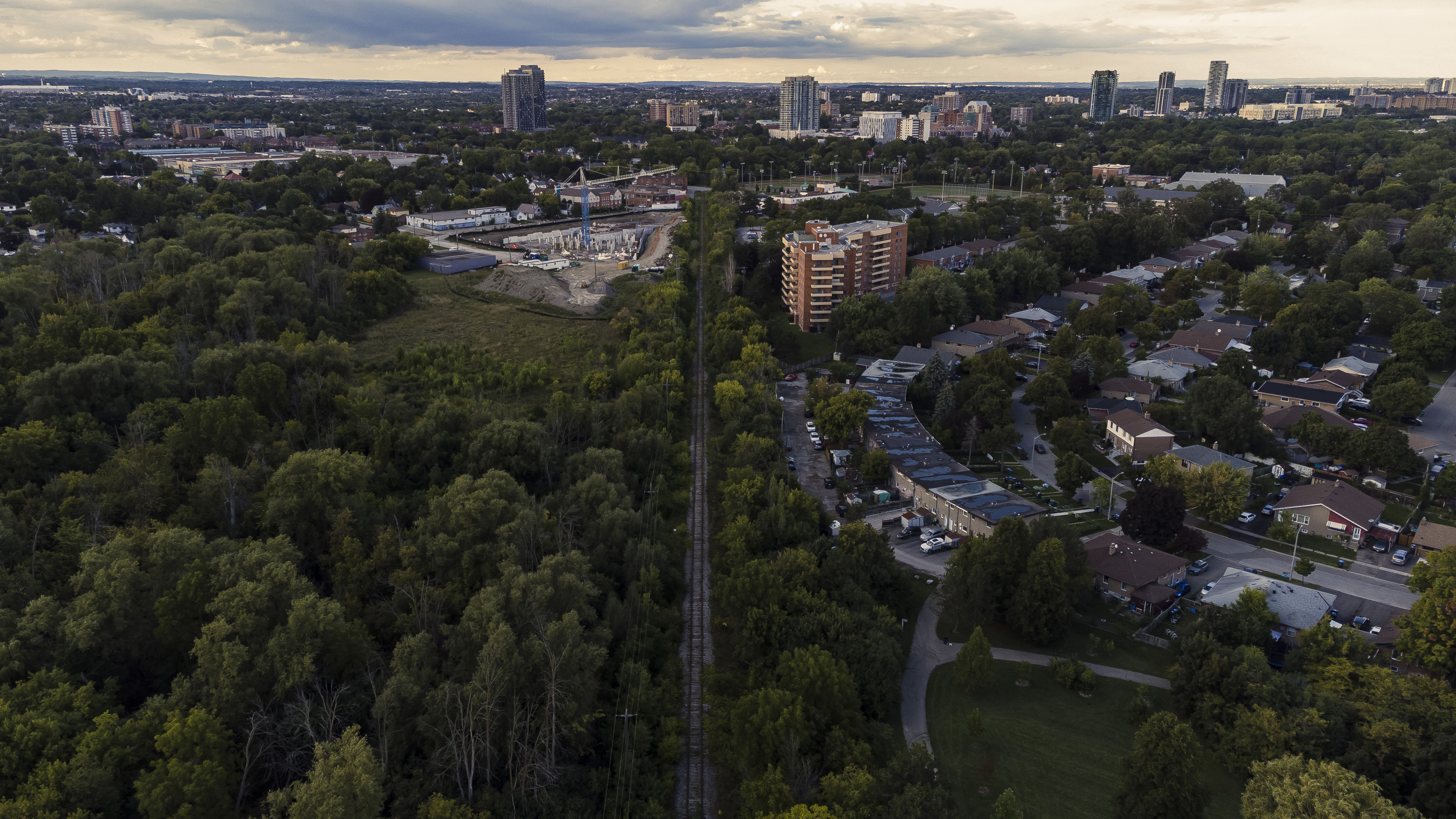 An overhead view of the old railway tracks through Brampton's core, where the Peel Region rail trail would be created.
