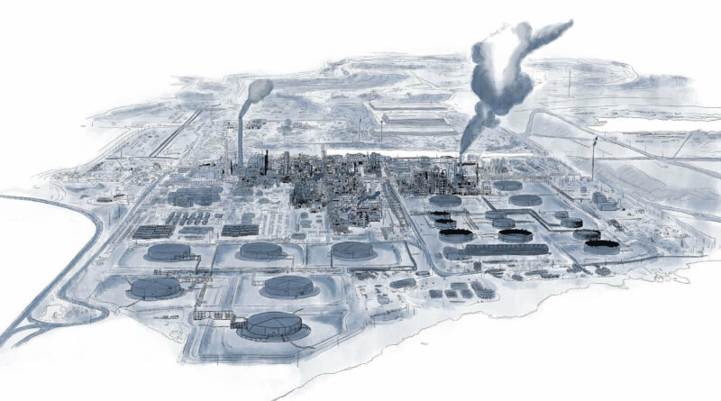 An illustration of a Syncrude site in Mildred Lake, Alta., by Kate Beaton, from her memoir "Ducks"