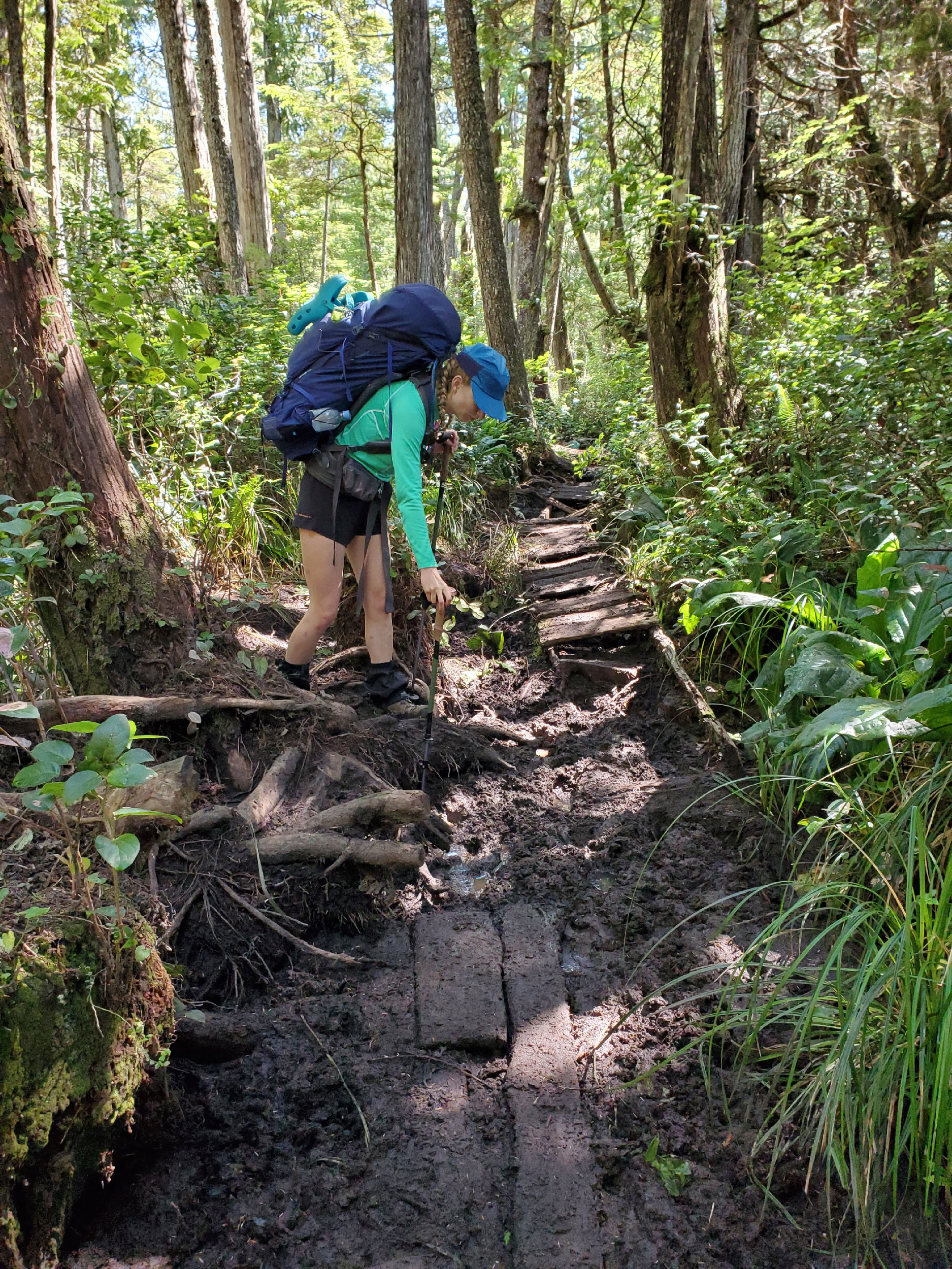 A hiker navigates the deep mud in an area where the boardwalk has long since ceased to function as a boardwalk