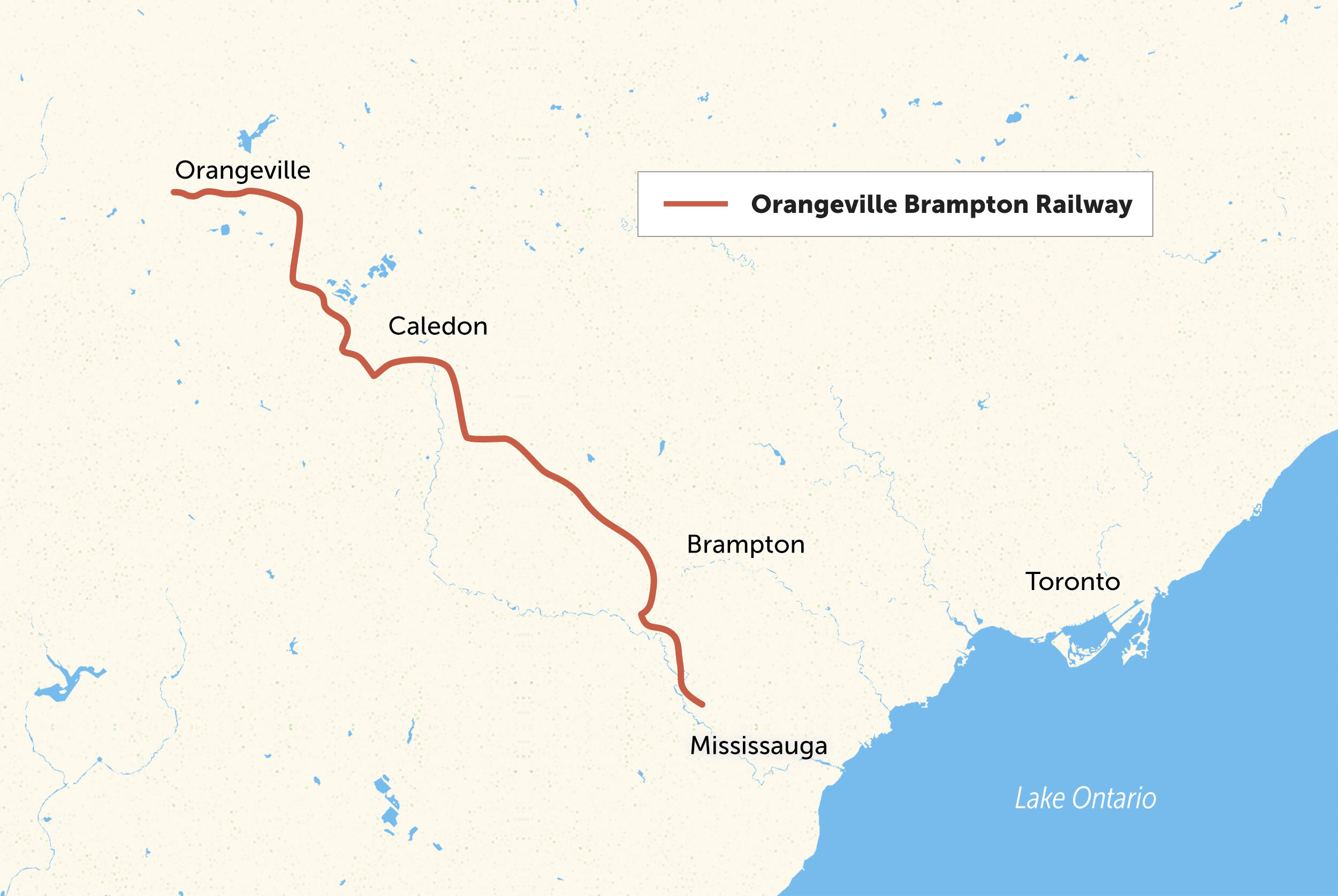 Map of Orangeville Brampton Mississauga railway