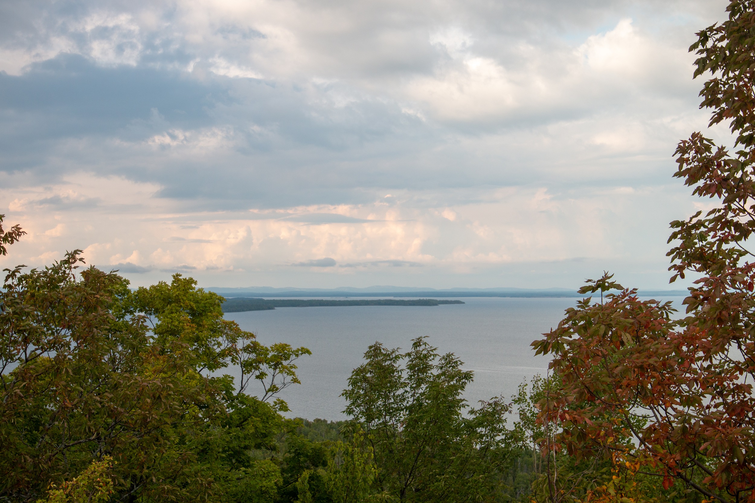 Trees with leaves starting to turn in front of a vista overlooking water and islands