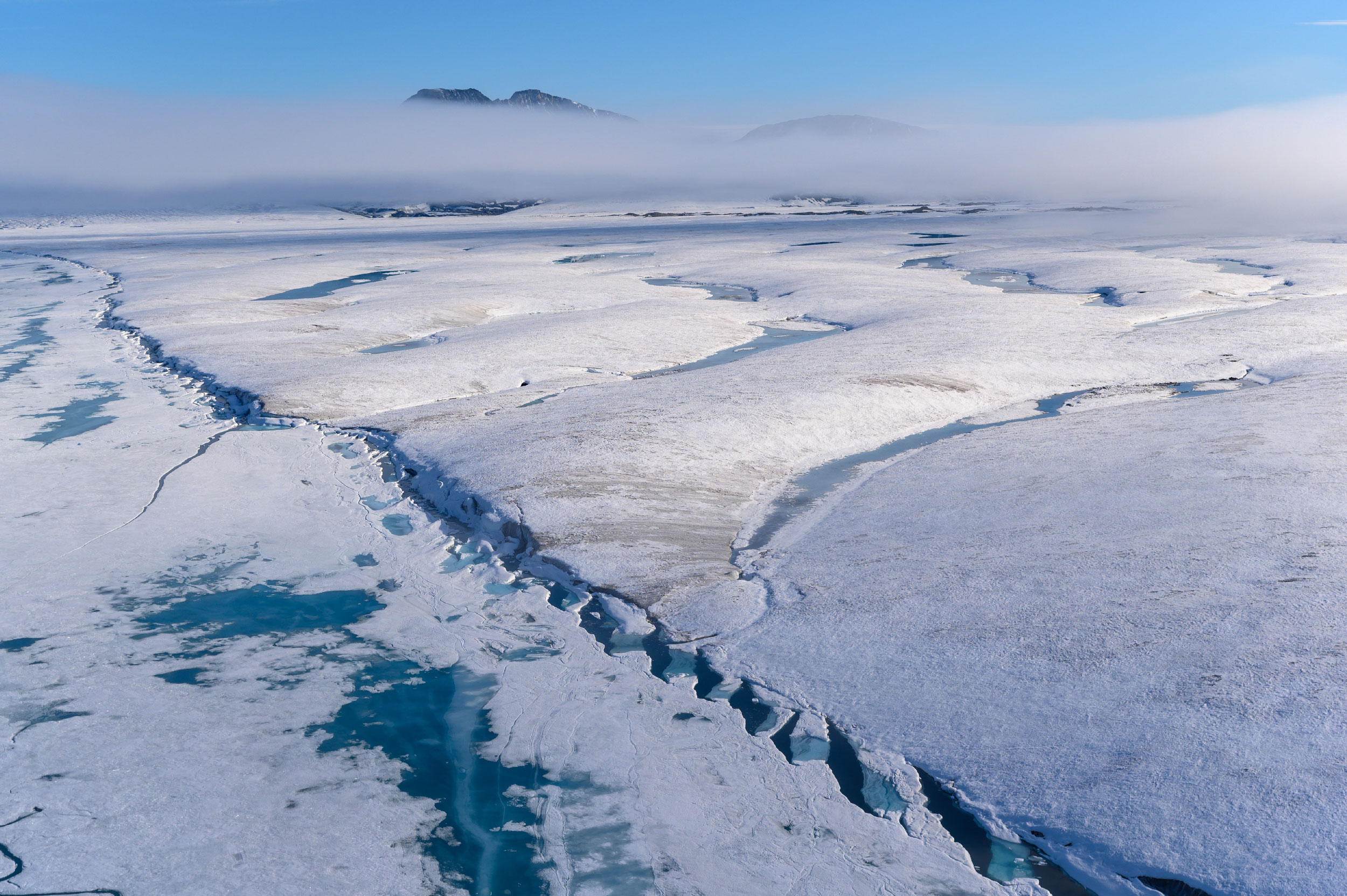 An aerial view of the Milne Ice Shelf on the northwestern coast of Ellesmere Island. 