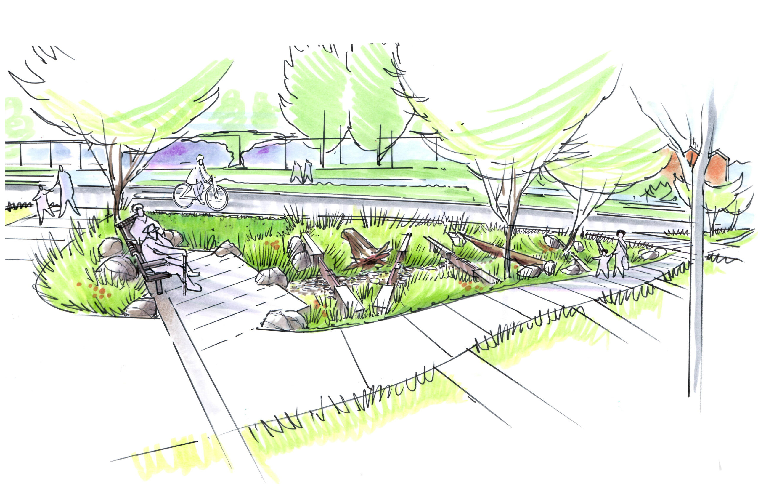 Illustration of the rainway showing bikers, gardens, and people sitting on benches