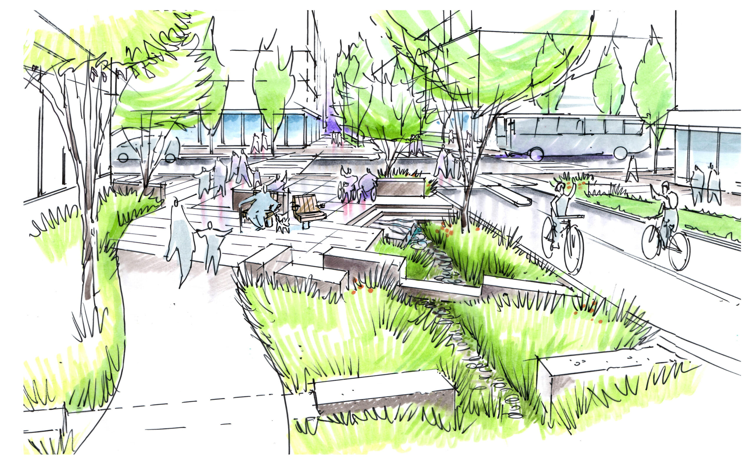An illustrated design concept showing the rainway at St. George Street and Broadway, showing cyclists using the bike line and pedestrians walking along the sidewalk alongside gardens and rocky streambed
