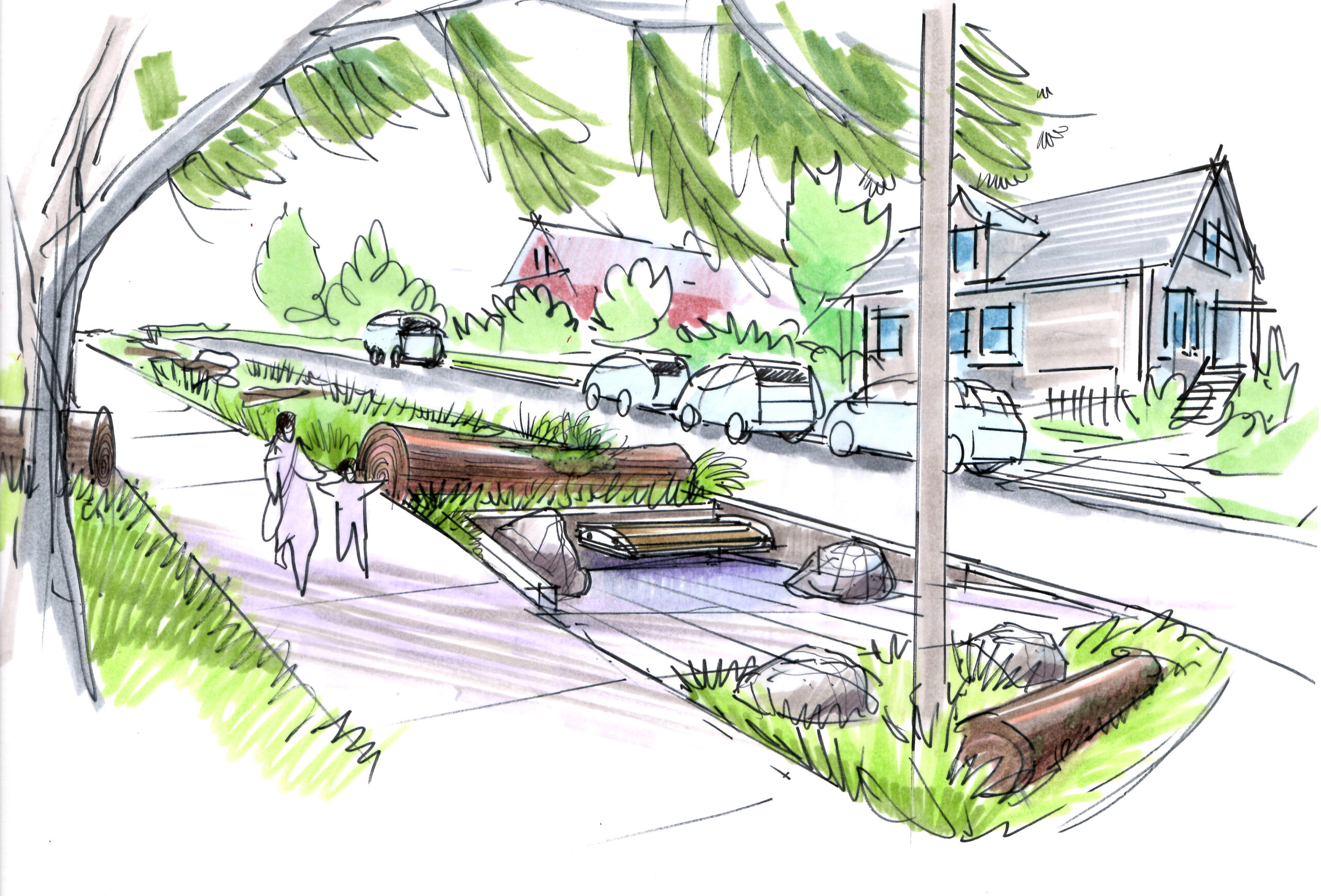 Illustration of the end of the rainway showing nurse logs and a bench with two people walking along the sidewalk