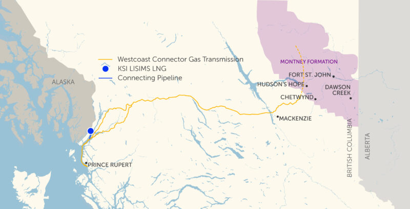 Map of proposed route of Westcoast Connector Pipeline from Northeastern British Columbia to Prince Rupert.