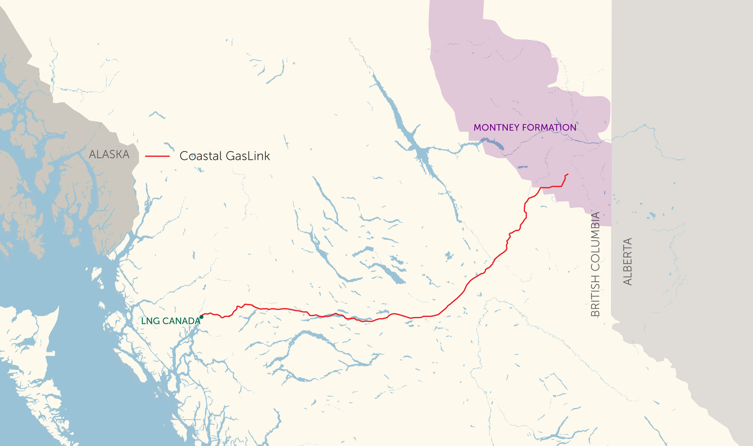 Map of TC Energy's Coastal GasLink pipeline route, and LNG Canada project marker.
