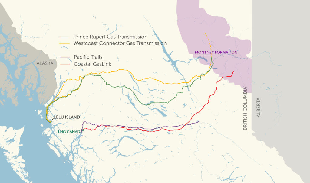 Map of routes for B.C. pipeline projects: Prince Rupert Gas Transmission (green), Westcoast Connector Gas Transmission (yellow), Pacific Trails (purple), Coastal GasLink (red).