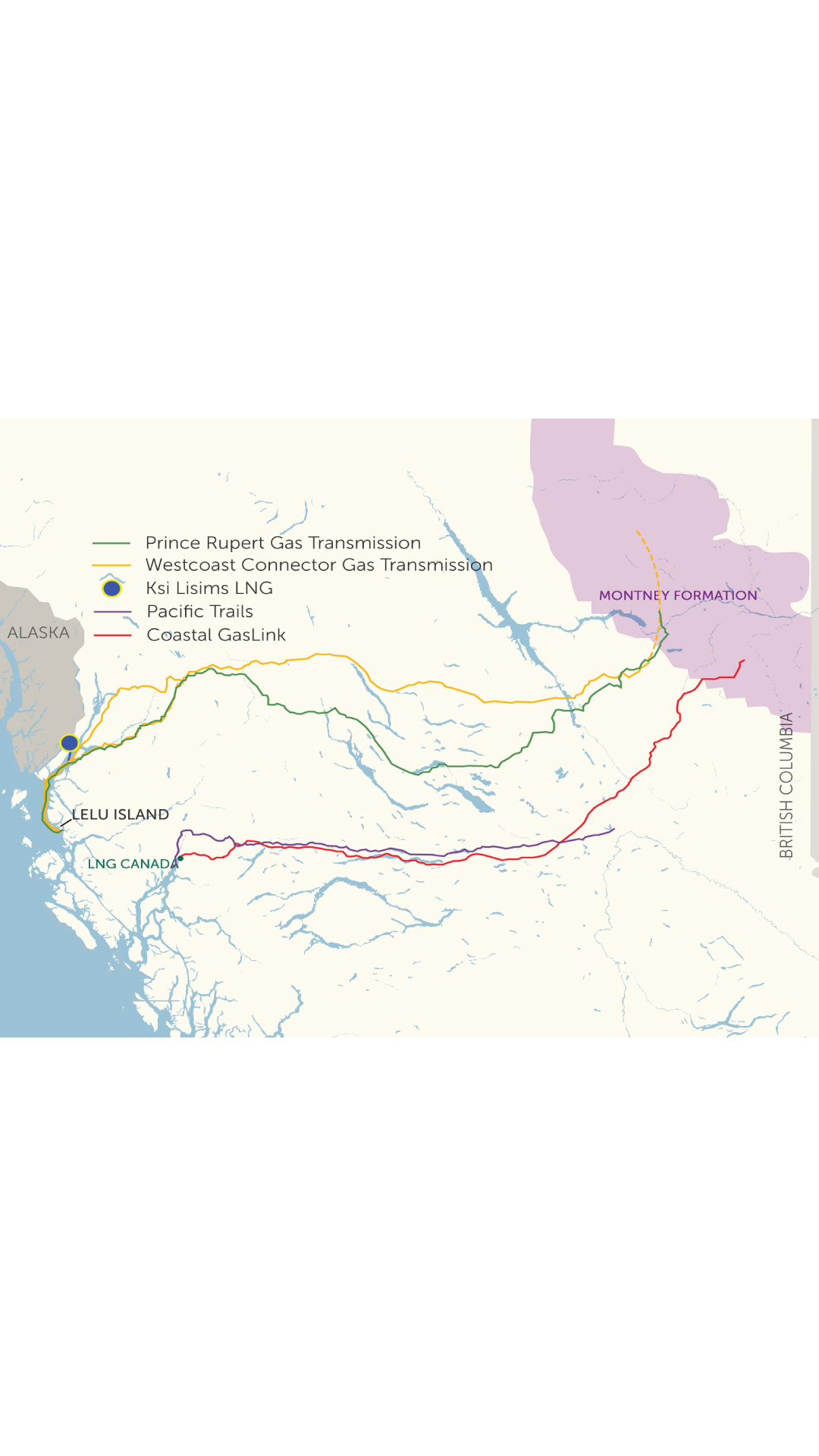 Map of routes for B.C. pipeline and resource projects: Prince Rupert Gas Transmission (green), Westcoast Connector Gas Transmission (yellow), Ksi Lisims LNG (blue), Pacific Trails (purple), Coastal GasLink (red).